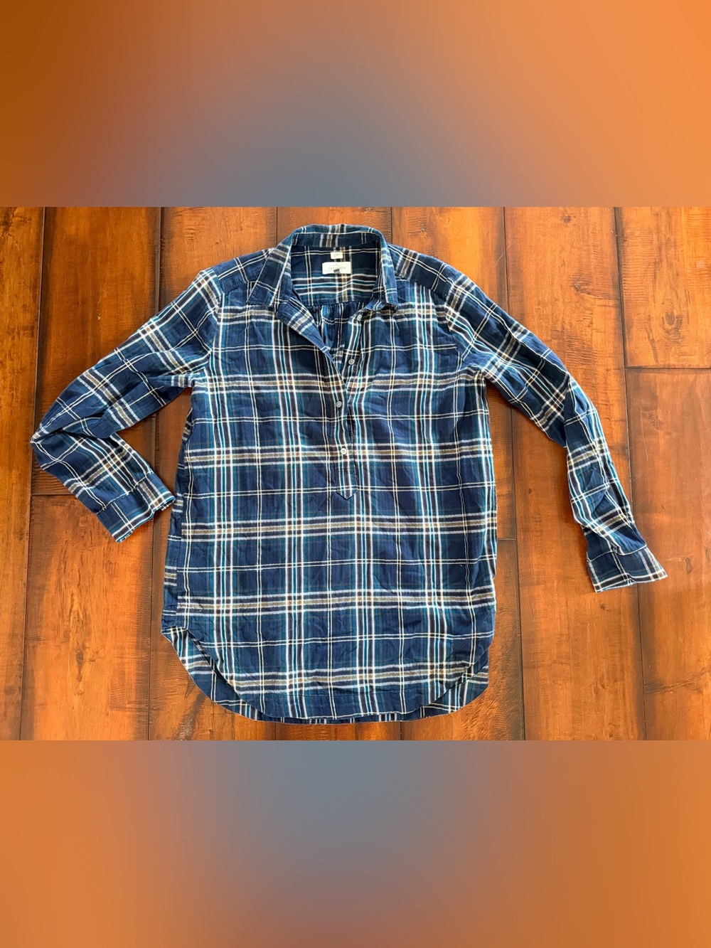 LOFT Navy Blue Plaid Half Button-Down Shirt with Gold Threading